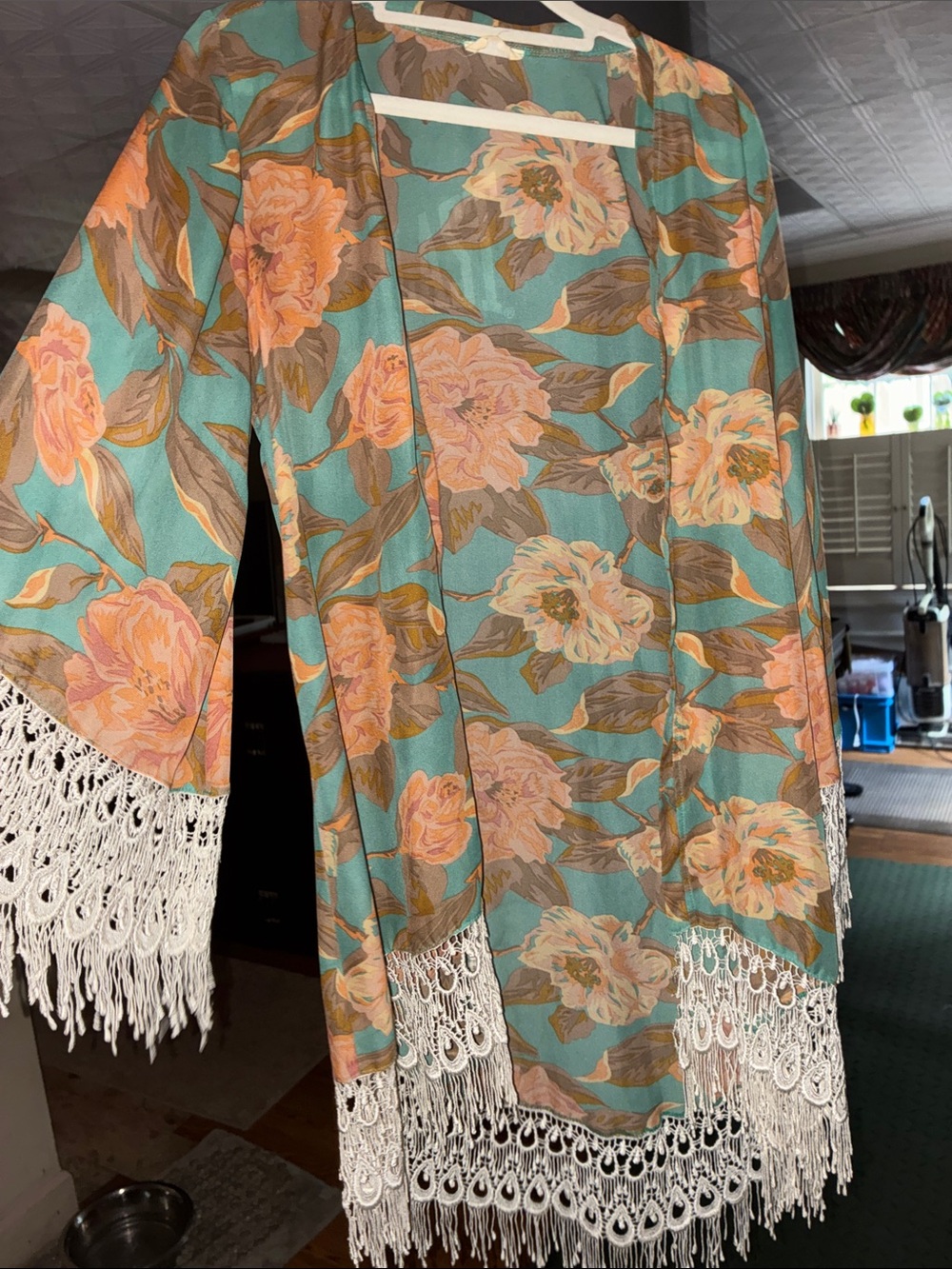 Floral Sheer Kimono robe with Lace crochet tassel Trim - Teal & Peach sz small S